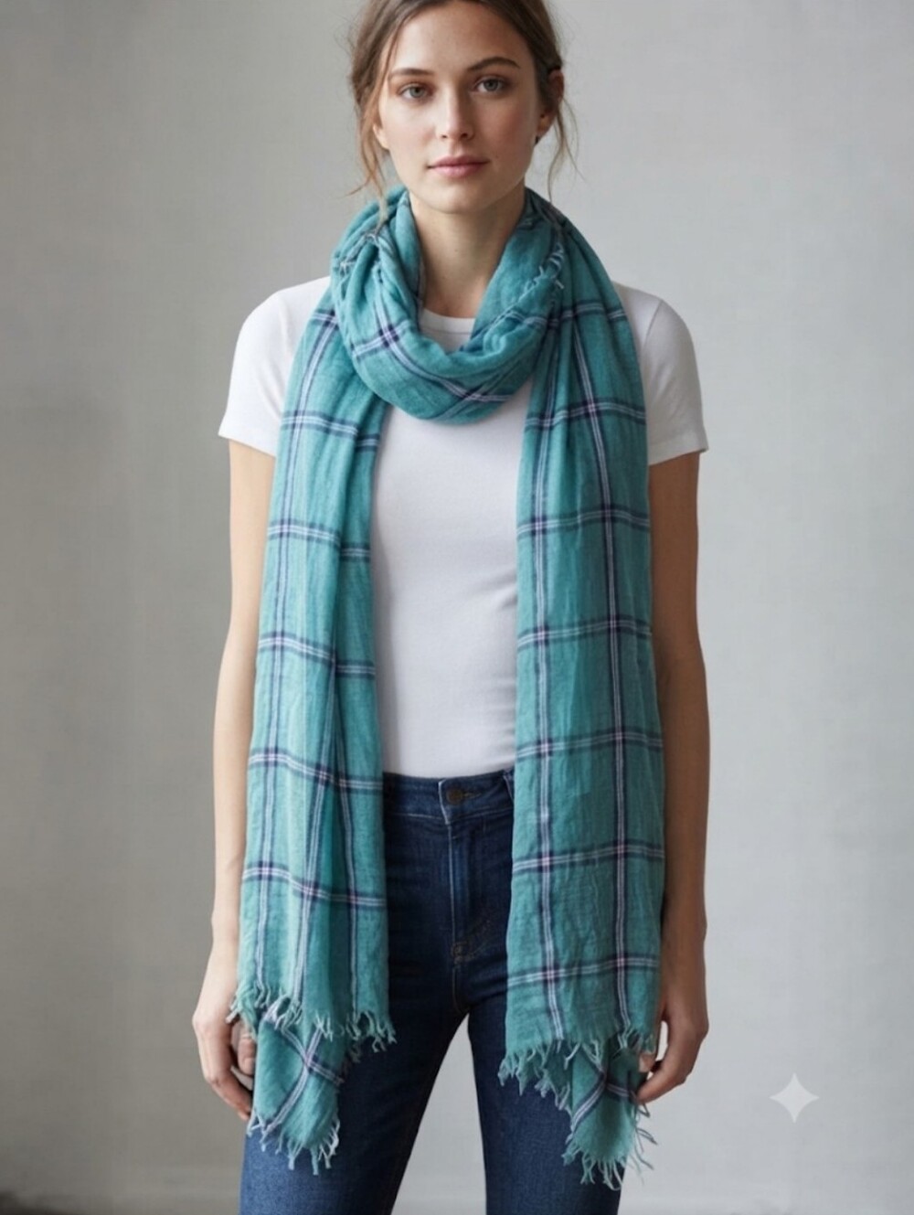 Teal/Blue/White Plaid Lightweight Scarf Wrap Fringe Hem 22" x 68"